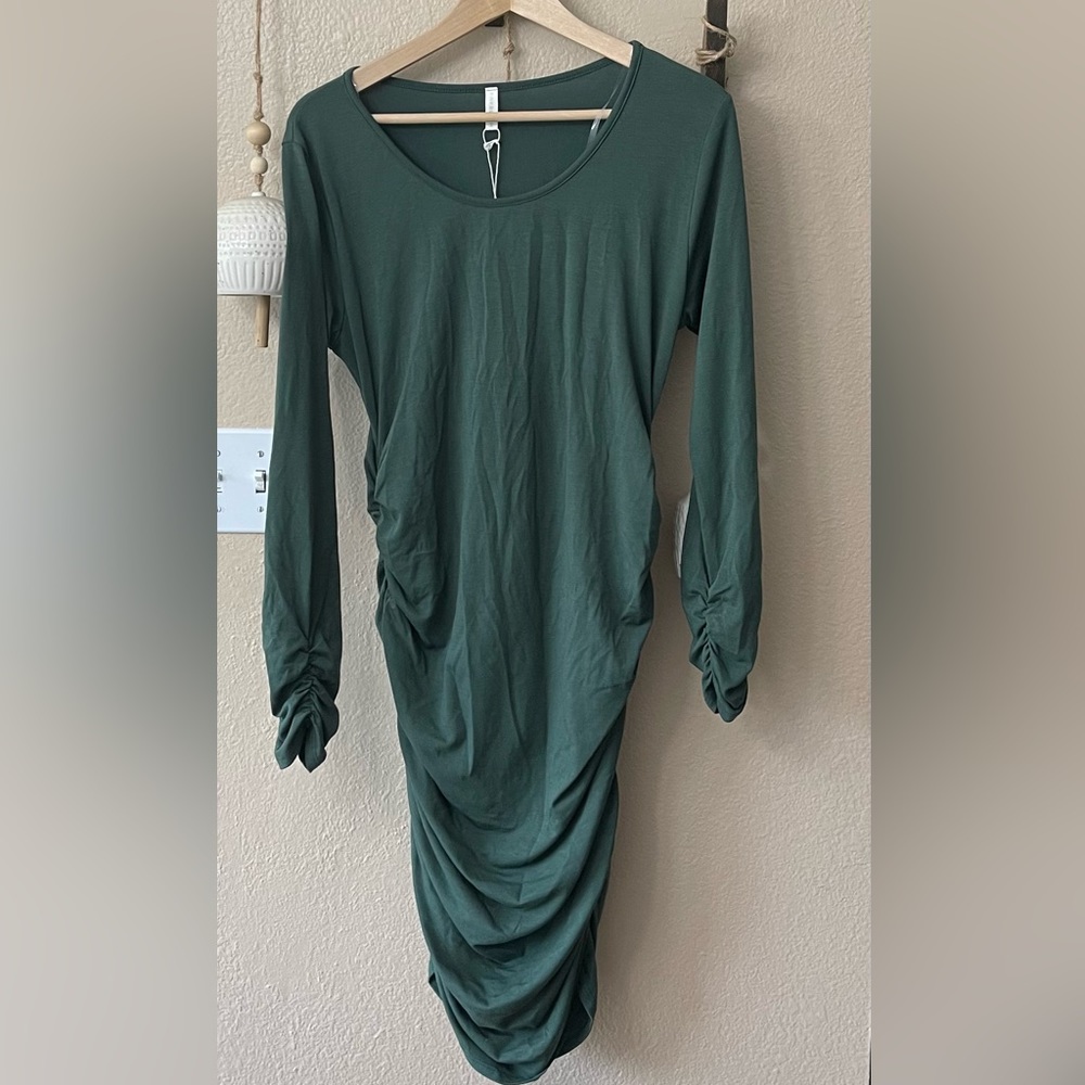 XL Pinkblush Olive Green Ruched Maternity Long Sleeved Dress